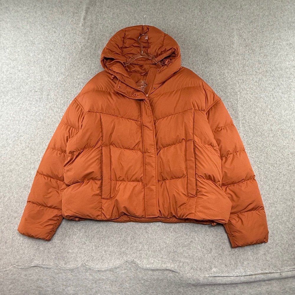 LL Bean Puffer Jacket Womens 2X Plus Orange Down Hooded Ripstop 520673